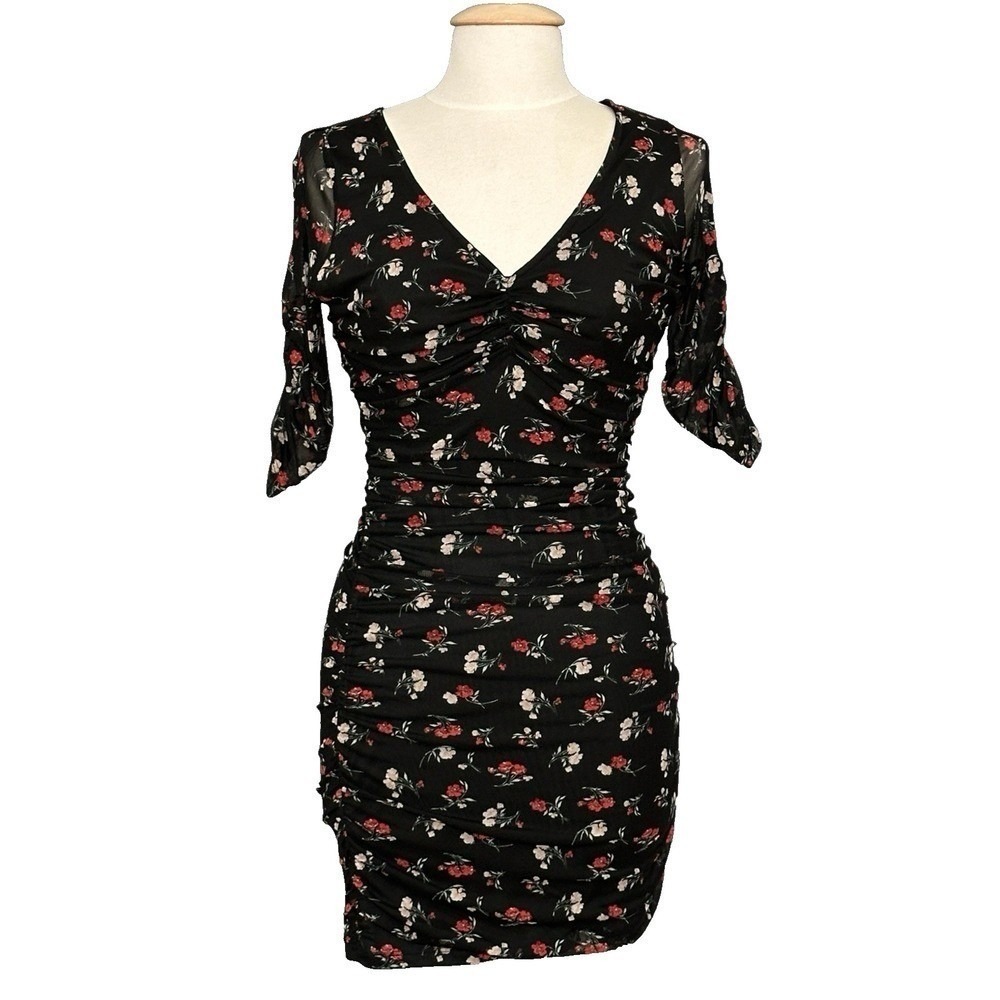 Y2K Dress L Black Red Mini Floral Ruched Mesh Bodycon Coquette Grunge Whimsigoth